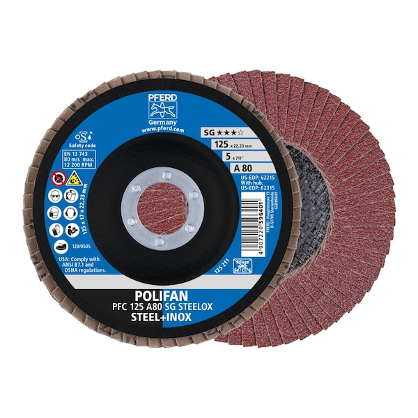 Pferd 5" x 7/8" A.H. POLIFAN Flap Disc - A SG STEELOX, Aluminum oxide, 80 Grit, Conical 62215 - main